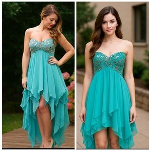 XSCAPE Jade Blue Embellished Strapless Hi Low Hem Mini Dress Size 4
